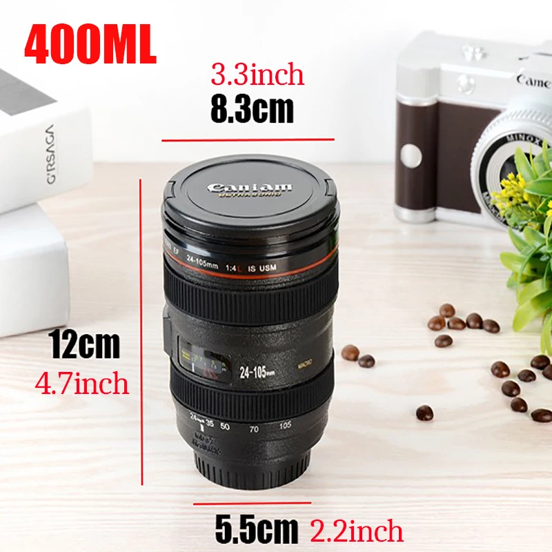 2020 New Coffee Lens Emulation Camera Mug Beer Mug Wine With Lid Black Plastic Cup Caniam Logo Mugs Cafe 400ml