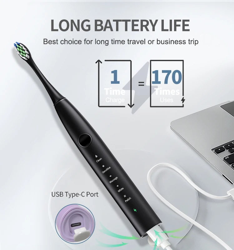 Ultrasonic Rechargeable Automatic IPX7 Waterproof Smart Sonic Electric Toothbrush with USB charging with Travel Case