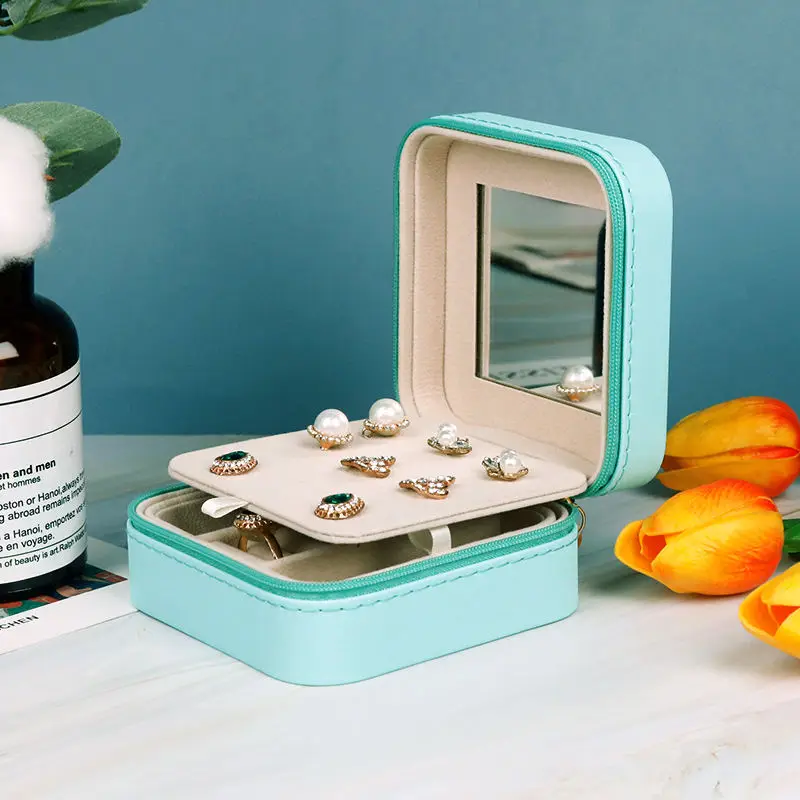 Leather Small Travel Jewelry Ring Earring Necklace Zipper Case Storage Organizer Blue Jewelry Box with Mirror Custom Logo Pink