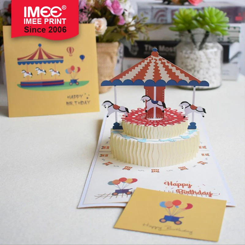 IMEE Handmade 3D Pop Up Carousel Merry-go-round Birthday Cake Gift Cards Paper Greeting Cards with Envelopes