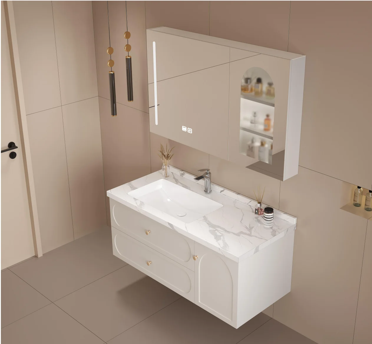 2024 Hot-selling Custom Modern Luxury Curved Wall Mounted Cabinet Bathroom Vanity