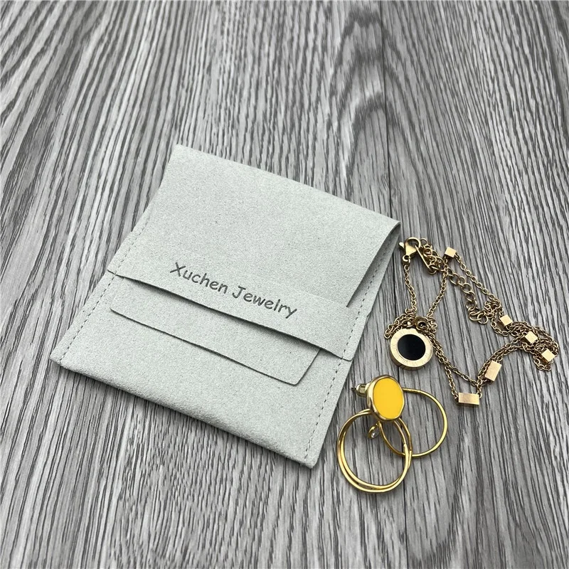 Custom Emboss Logo Microfiber Jewelry Flap Pouch Smoky Gray Envelope Suede Earring Necklace Packaging Jewelry Bag