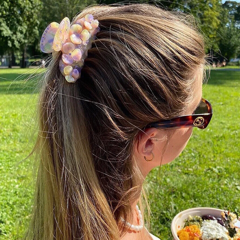 INS 7.5cm New French Vintage Flower Zircon Acetate Hair Clip Shark Grab Hairpin Fashion Hair Claw for Women Girls