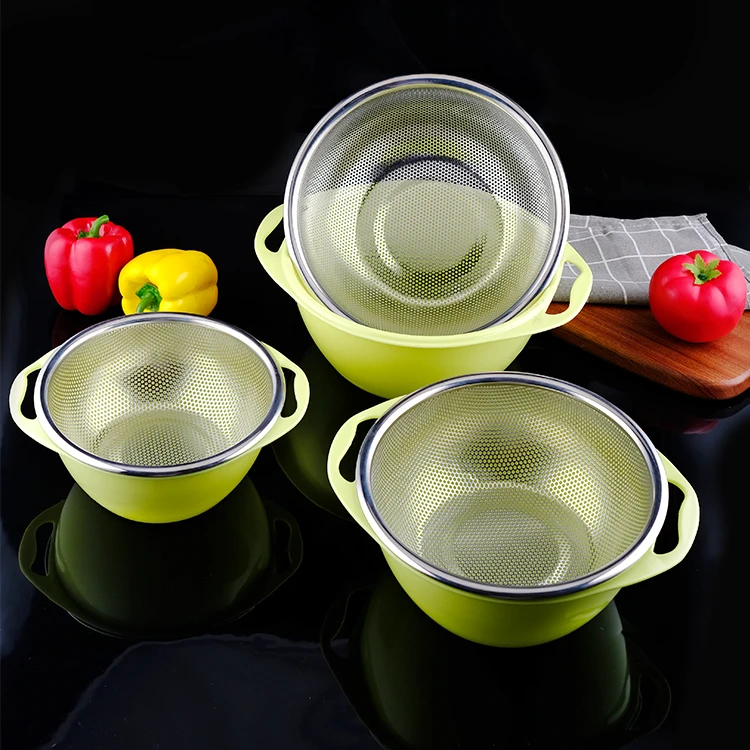 3PCS Factory Product  Stainless Steel Punching Basket With Plastic Bowl  for Washing Vegetable And Fruit