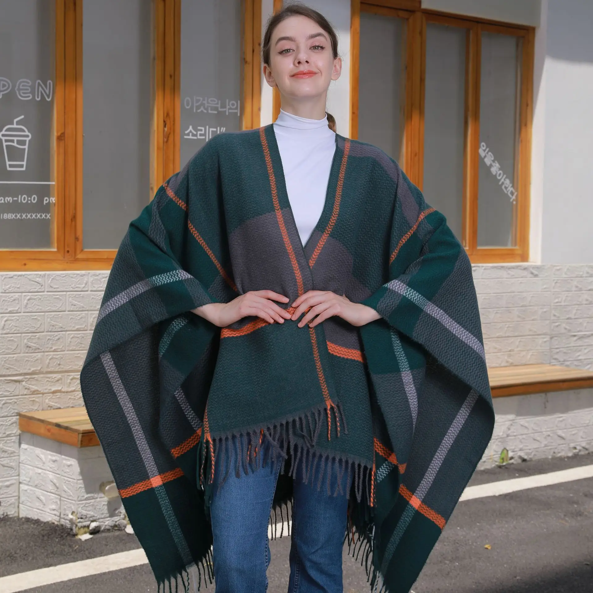 2024 New Product Winter Tassels Shawls Scarves For Women Warm Wrap Ponchos With Sleeves