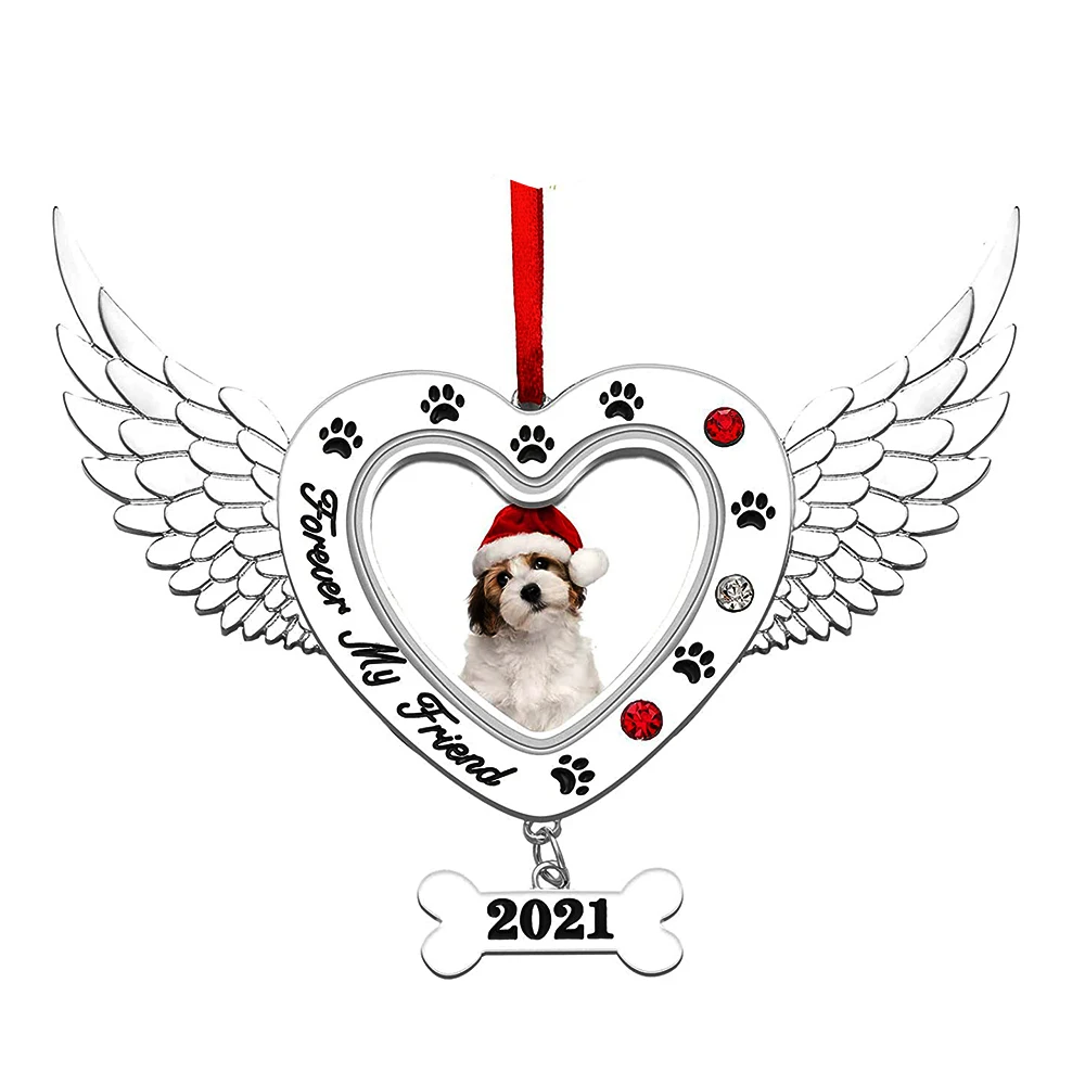 Christmas Ornament 2021 Forever My Friend Pet Memorial Metal Dog Photo Frame Xmas Heart Wings Picture Frame Ornament