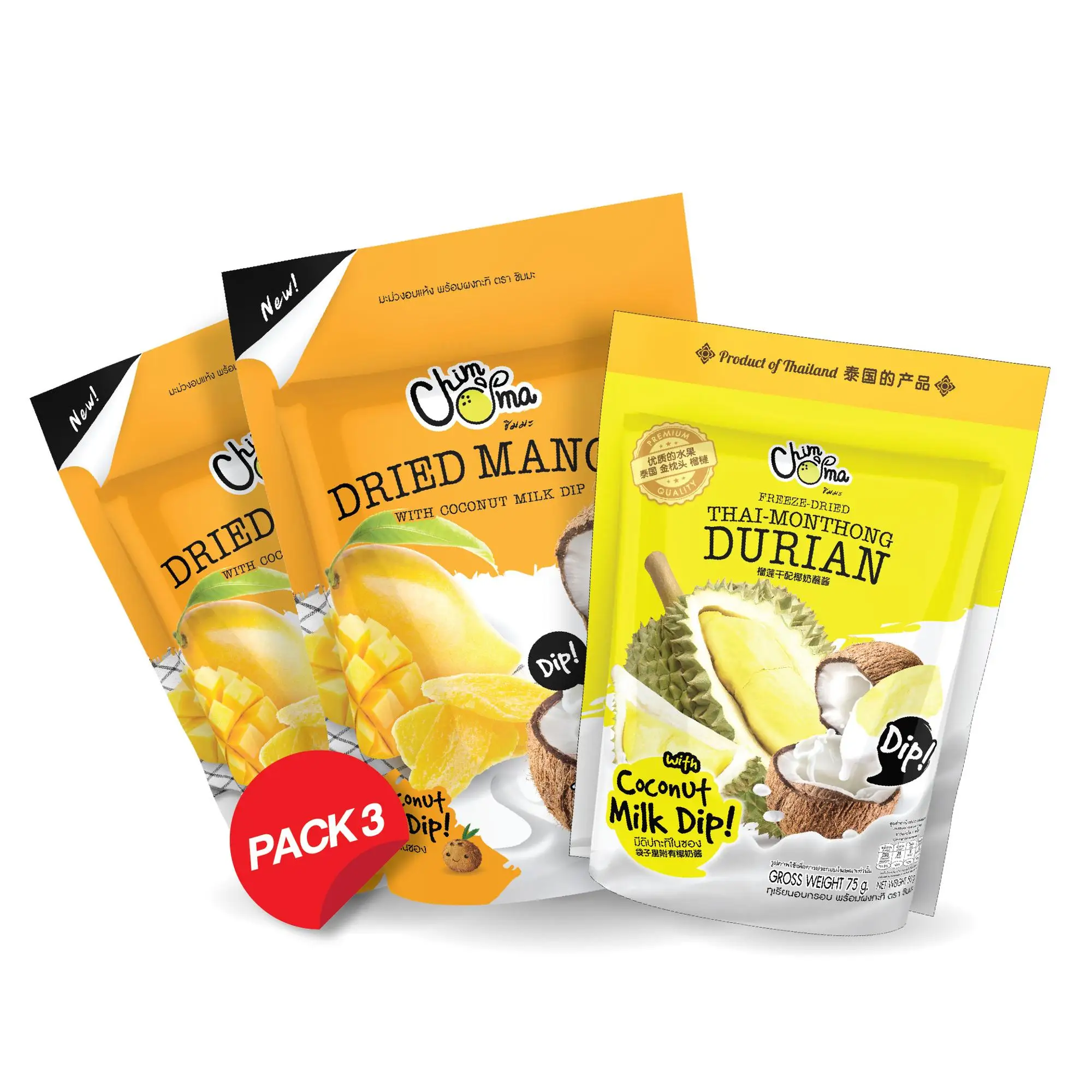 
 Сушеные манго с кокосовым молоком Dip 100 г и замороженные сушеные дуриан с кокосовым молоком Dip 50 г (3 мешка/упаковка) бренд Chimma  