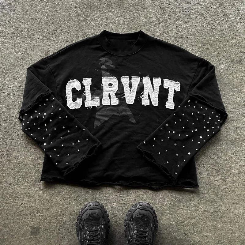 Custom Sweatshirt Rhinestone Distressed Unisex Heavyweight Embroidered Long Sleeve Double Layered Oversized T Shirt For Men