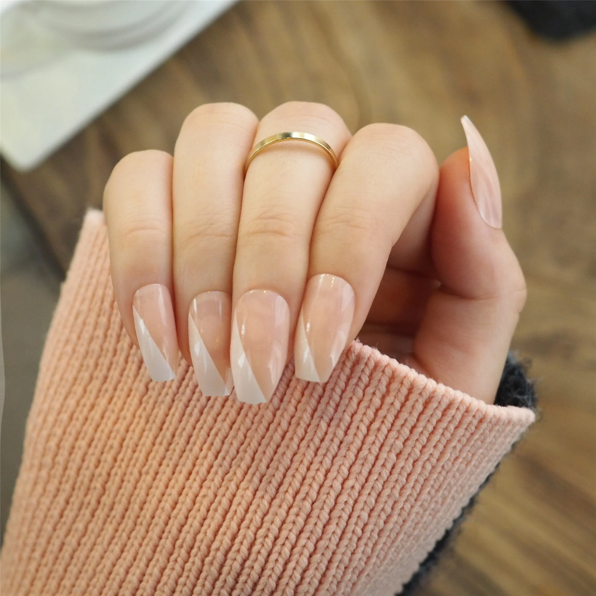 Wholesale Price Nude Slanted French Manicure Press On High-quality Fake Nails Short Coffin
