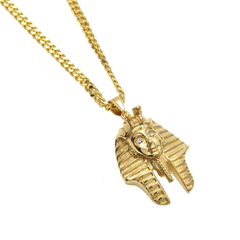 Stainless Steel Pharaoh Head Eye Diamond Pendant Cobra Shape Color Preserving Egyptian King Necklace