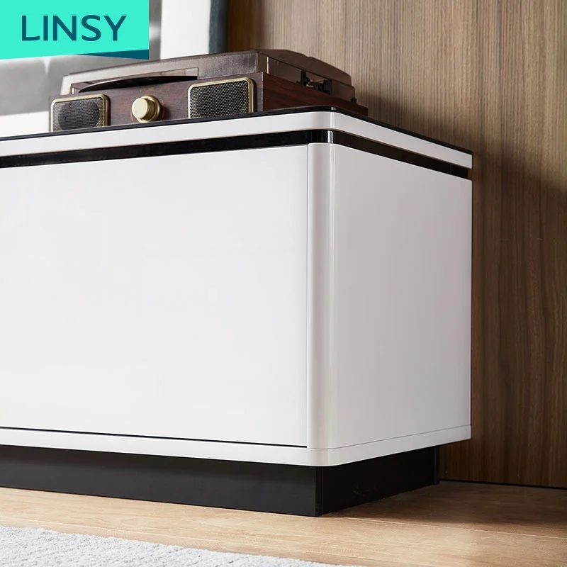 Linsy Simple Design Tv Cabenits Storage Drawers Tempered Glass Sideboards Tea Tale White Tv Stand And Coffee Table Set BI1M