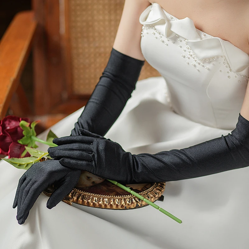 WG068 Elegant Wedding Bridal Black Gloves Full Long Satin Brides Bridesmaid Prom Evening Parties Gloves Women Accessories