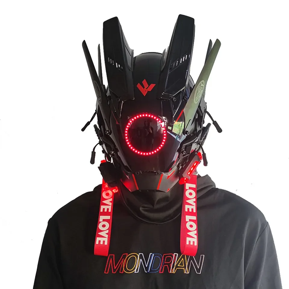 Cyberpunk Mask Cosplay Halloween Mask New Night Luminous Party Supplies Bar LED Light Samurai Helmet Carnival Cosplay Cyber Mask