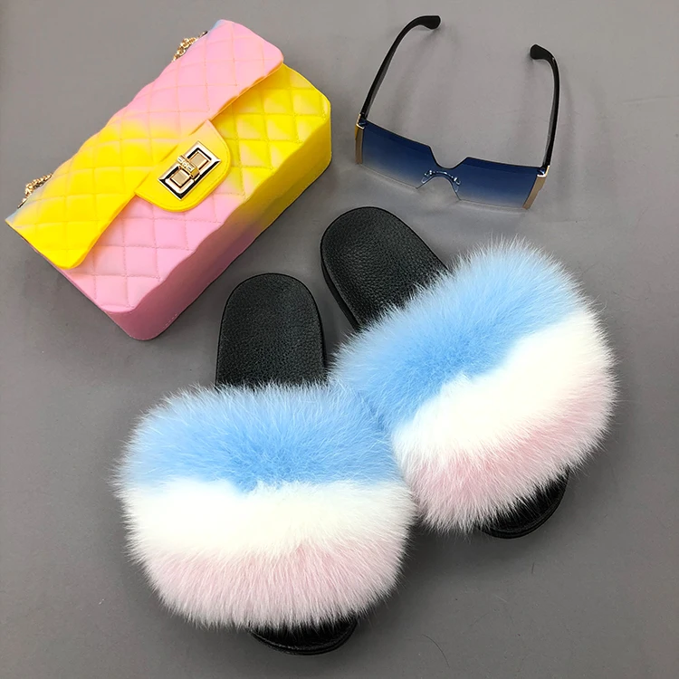 Full fur custom logo 3pcs money bag sun glasses and mix color stitching fluffy slippers fox fur slippers