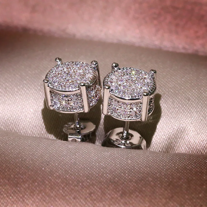 New Bling S925 Gold Silver Zircon Stone Round Stud Earrings Hip Hops Cz Crystal Earring For Women