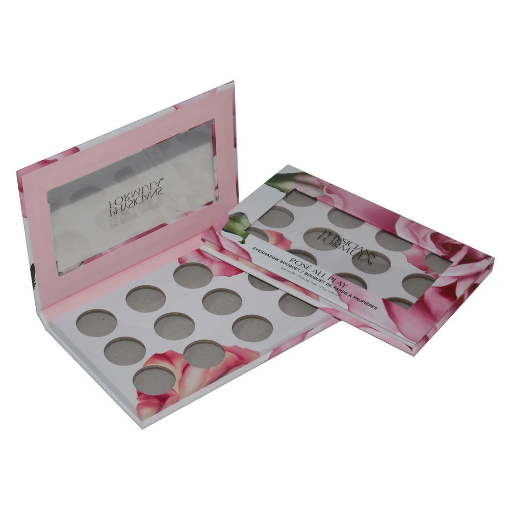 Magnetic Catch Eco Friendly Paper Cardboard Empty Makeup Cosmetic Packaging 12 Color Eyeshadow Palettes with Clear PVC Window