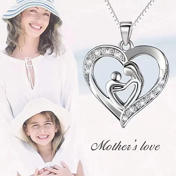 SPJ Trendy 925 Sterling Silver heart Shaped Mothers Son Concentric Pendant with Diamond Rhodium Plated Necklaces For Mom
