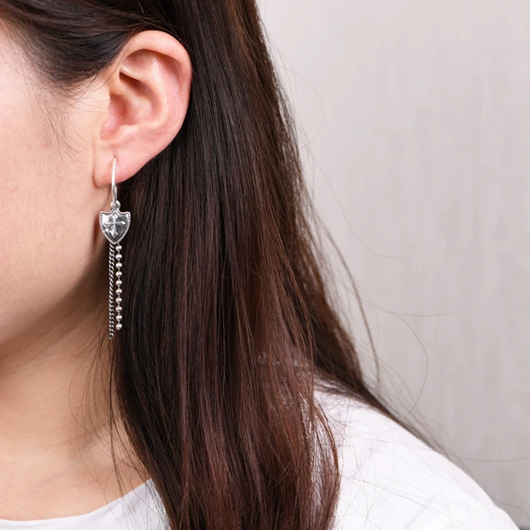 Wholesale 100% S925 Sterling Silver Earrings retro rock little Warcraft cross shield Silver Chain Earrings Jewelry for women