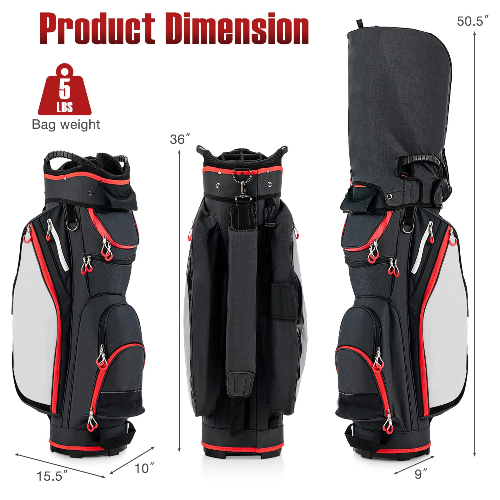 14 Way Full Length Divider Golf Cart Bag with Rain Hood & Cooler Bag, Waterproof Golf Cart Bag for Men & Women