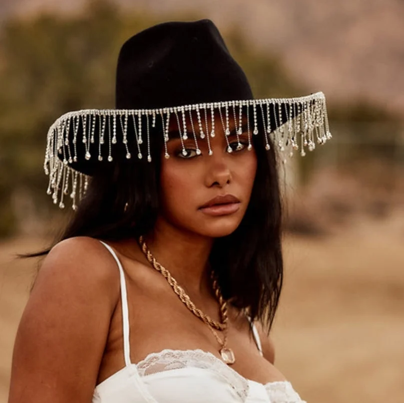 Wholesale Gift Pink Cowgirl Hat Girl Bride Festival Party Hats Female Western Felt Cowboy Hat with Rhinestone Tassel