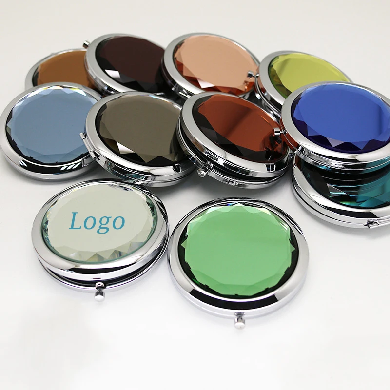 Popular OEM Logo Small Crystal Pocket Cosmetic Mirror 2X Foldable Compact Portable Travel Round Double Sides Makeup Mirror