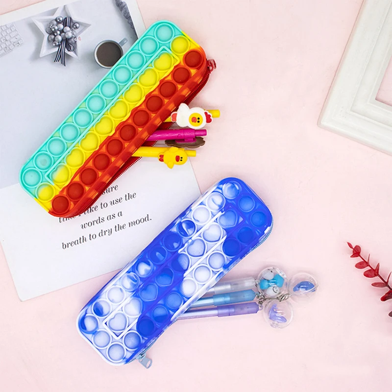 New design Rainbow Silicone Pencil Case Fidget pop itting pencil case for students