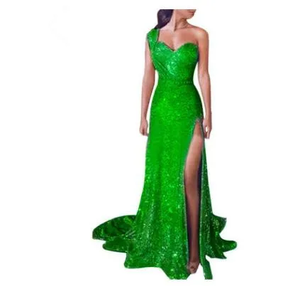 WIIPU 5XL mujeres Sexy de borla de lentejuelas un hombro hendidura lateral noche fiesta vestido Bodycon damas Maxi vestido Vest