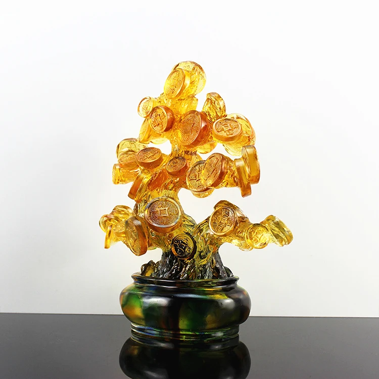 Feng Shui Lucky Fortune Money Tree Craft Liuli Crystal Chinese Multicolor 250*130*280mm Glass Gift Packaging Sculpture Folk Art