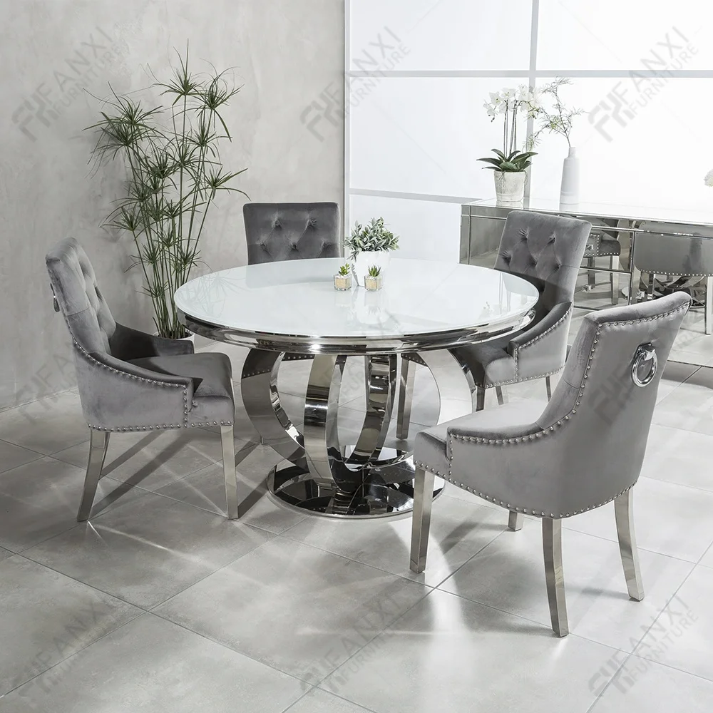 Home furniture grey artificial marble steel leg slate dining table set 4 chairs restaurant tables italian round dining table