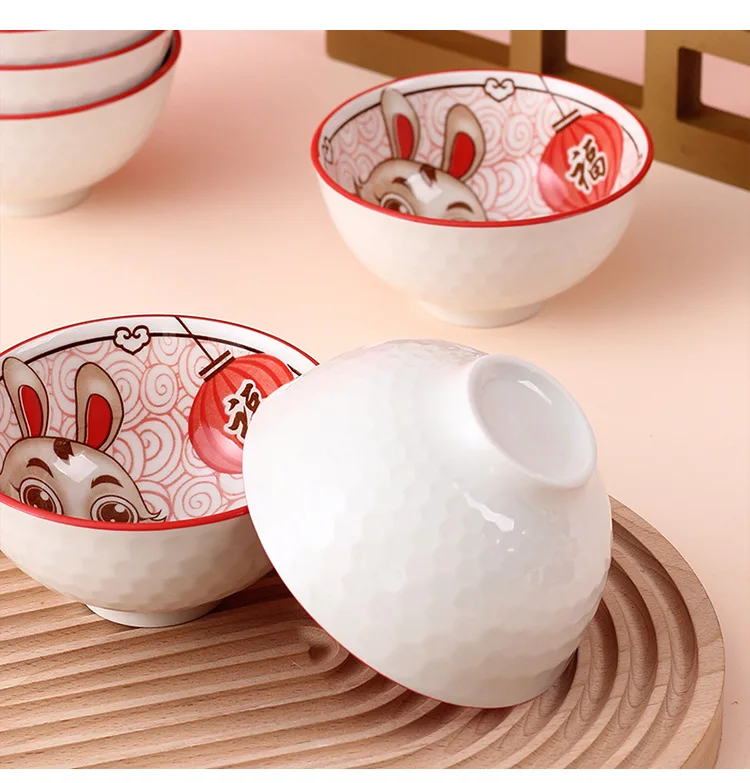 2023 Rabbit Year Ceramic Bowl Gift Set 4.5inch Rabbit Bowls with Chopsticks for Chinese New Year OEM LOGO