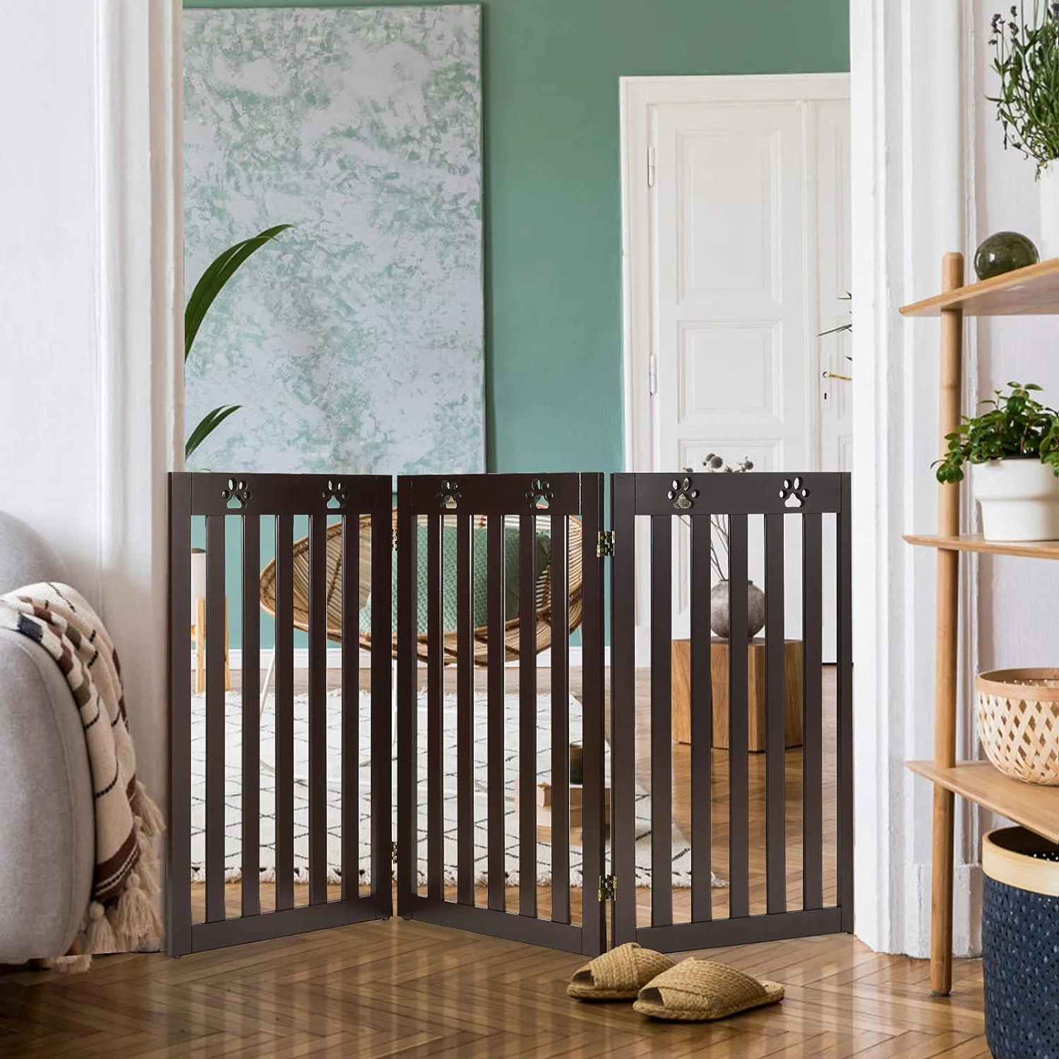 High Large Dog Fence Foldable Puppy Playpen Indoor Safety Stair Gates Wooden Freestanding Pet Gate