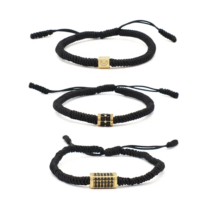 Ajustable Rope Woven Braided Jewelry OEM Customized Wholesale Women Men Gold Plated CZ Connector Charm Handmade Macrame Bracelet