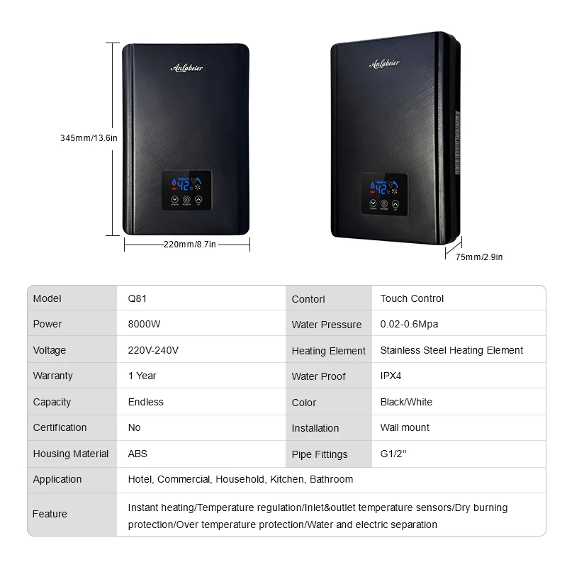 portable wall mounted endless 220v 5.5kw bathroom electric instant shower mini anlabeier water heater