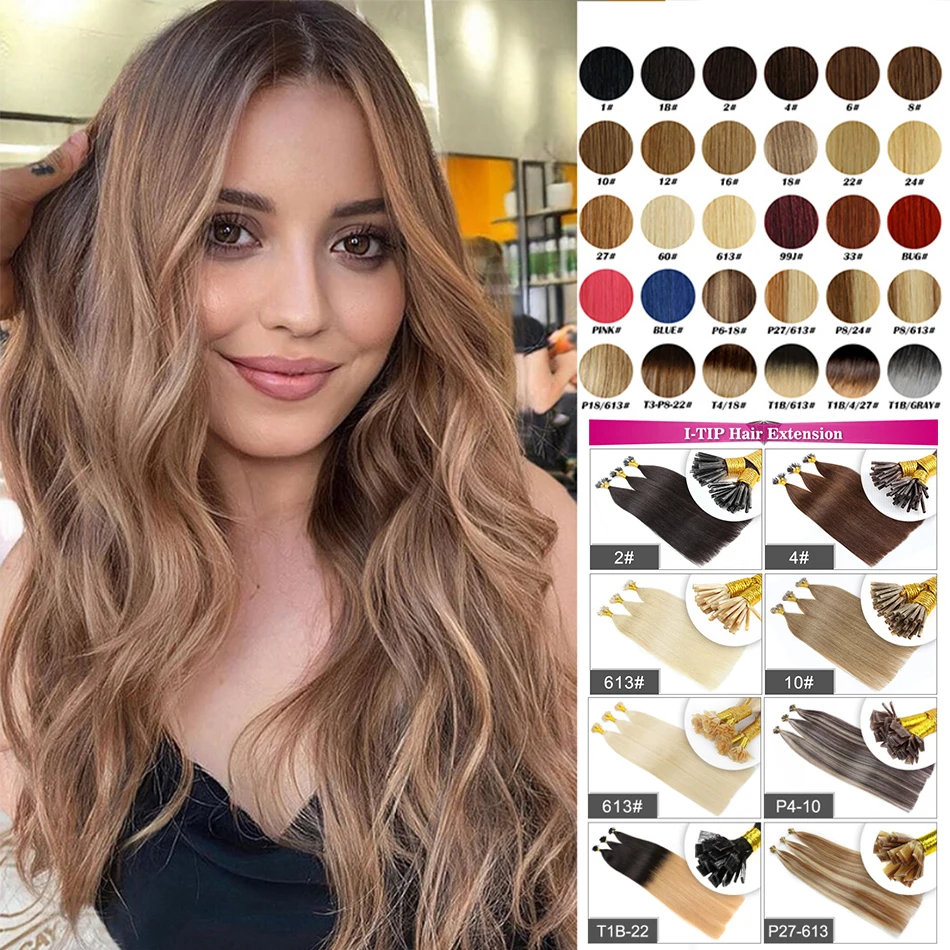 Super Double Drawn I Tip Human Hair Extensions Italian Keratin Pre-bonded Flat U Tip Nail Hair Extension Nano Ring Human Hair