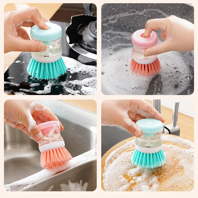 House Cleaning Palm Brush Stainless Steel Kitchen Soap Dispensing Dish Scrubber Cleaning Brush