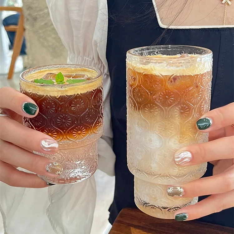 Fancy Glass Coffee Cups Cylinder Drinking Glass Embossed Tumbler Glass Set