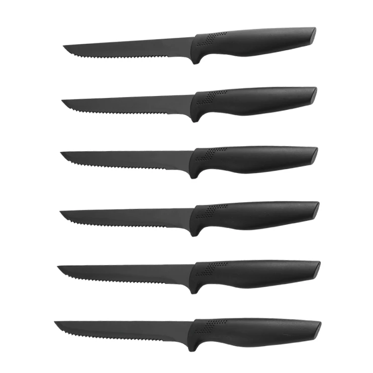 OEM/ODM Luxury 6 Piece 3CR13 Steel Non-stick Black Coating Blade Plastic Steak Knife Set