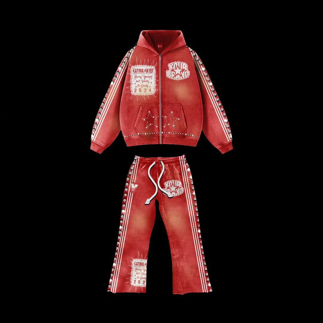 Big Size Baggy Rhinestone Custom Acid Wash Sublimation Sports Cropped Hoodie Set Two Piece Set Jogging Tracksuit For Men