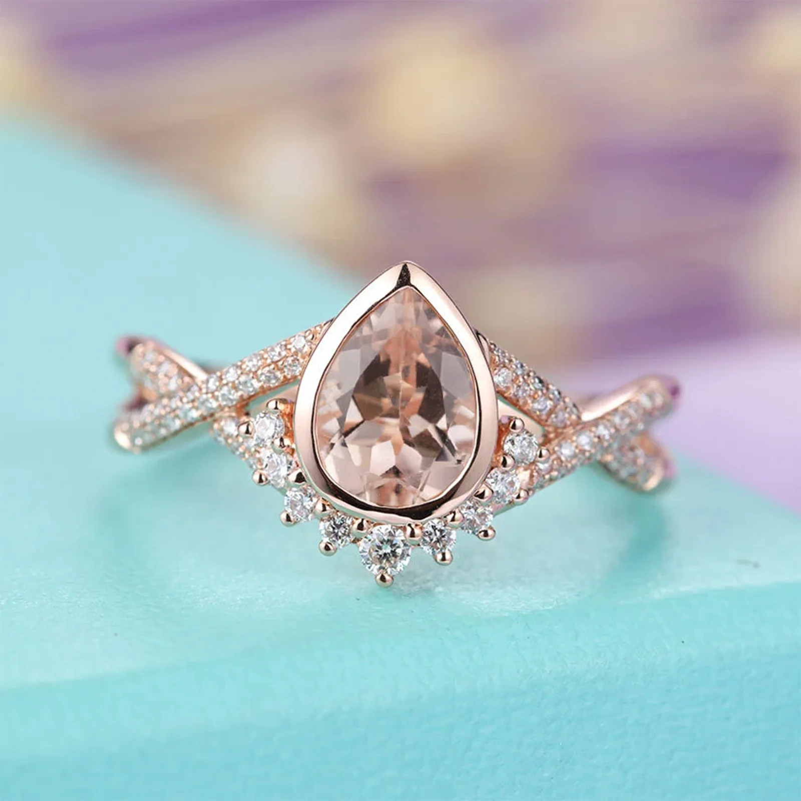Vintage Moissanite Engagement Ring Set Pear Shaped Rose Gold Wedding Twisted Diamond VVS1 GRA Mossanite Bridal Promise Ring