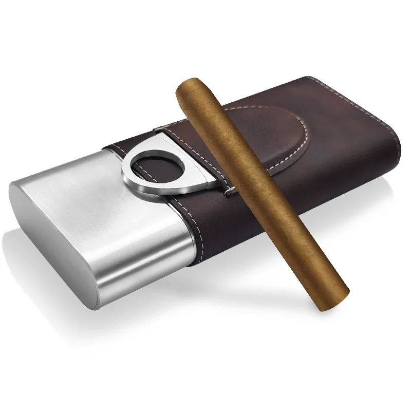 Vanace Chinese factory travel leather cigar case Travel Humidor Cabinet Luxury 3 Finger Leather Cigar Case with Cutter