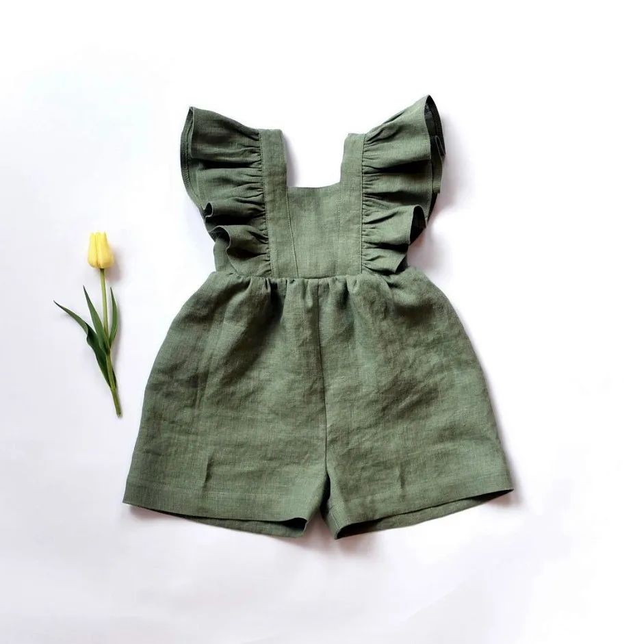 New Arrival Summer Cotton and Linen Jumpsuit For Baby Girls Ruffled Square Collar Casual Infant Newborn Romper Clothes