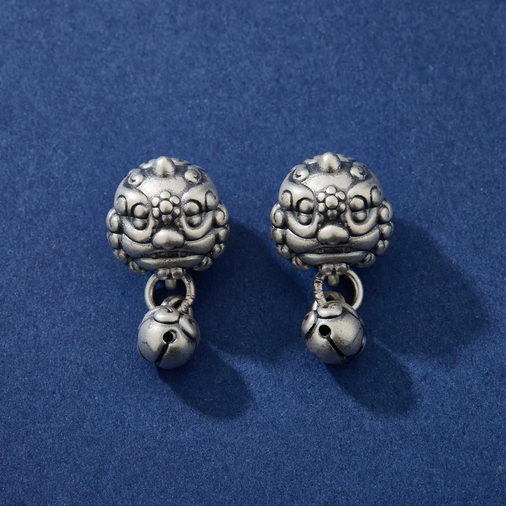 S999 Silver Retro Chinese Lion Dance Pendant New National Fashion DIY Hand Rope Accessories Cross Lion Head Jewelry Findings