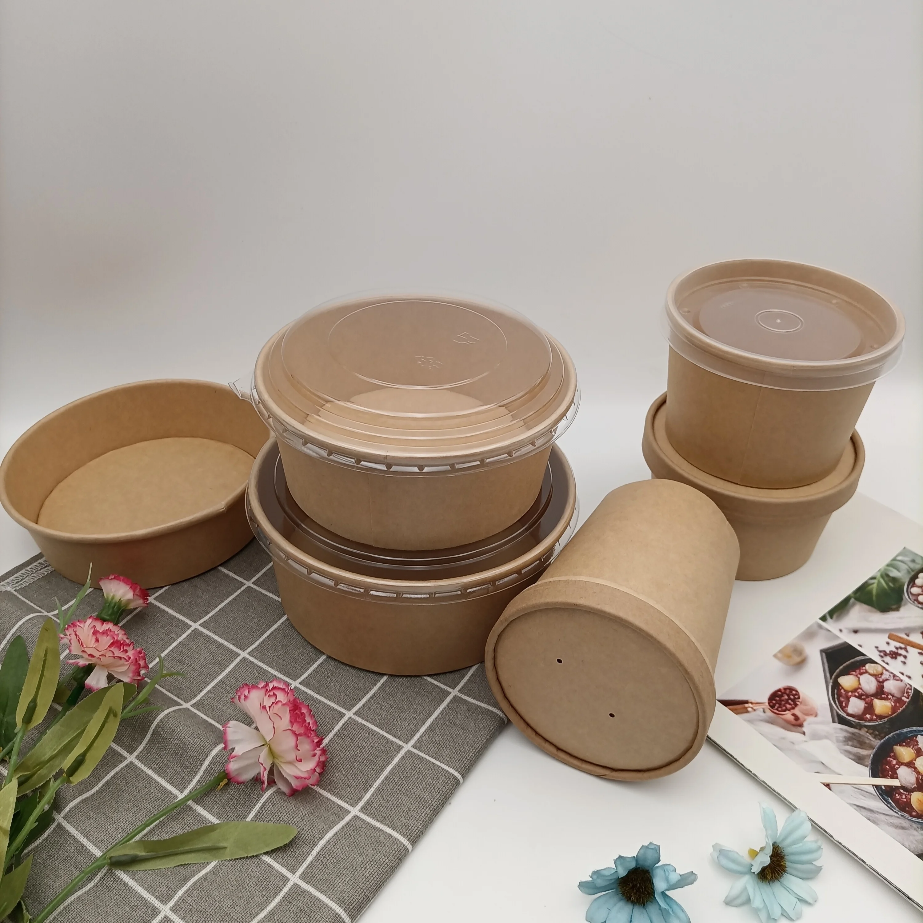 Wholesale Stock Biodegradable Disposable Takeaway Kraft Paper Bowls Large Container 40 Oz Salad Bowl With