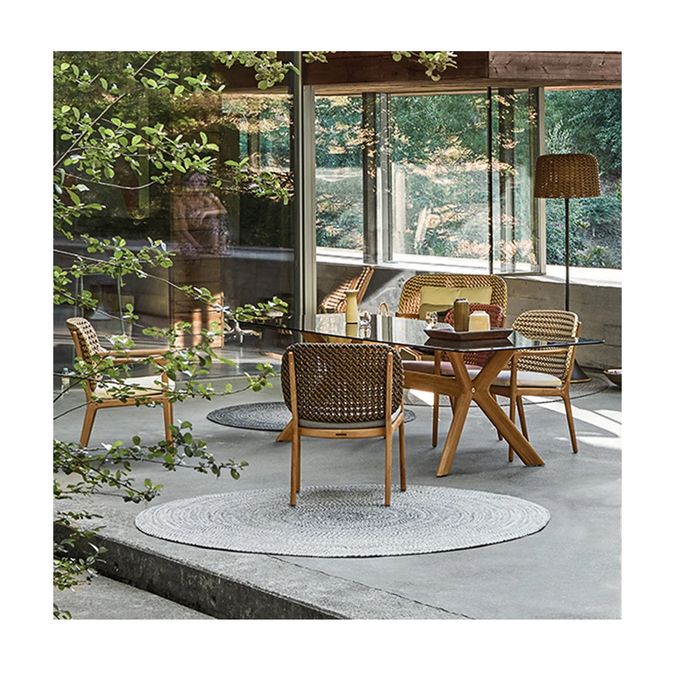 High Quality Outdoor Teak Wood Rattan Dining Chair Table Set Waterproof Sunscreen Courtyard Balcony Villa Designer