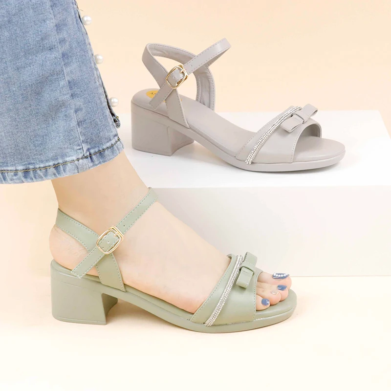 High Quality Low Price Green open toe Comfortable Platform Chunky Square Heel Block Heels Sandals Bow Decorative Fashion Sandals