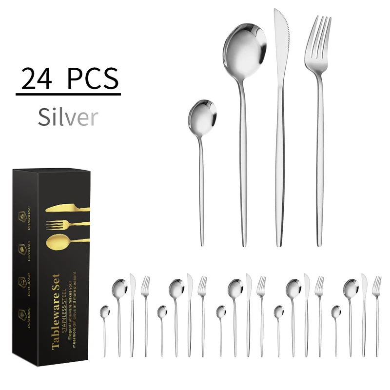 Kitchen luxury silver cutlery set 24pcs stainless steel gold cutlery flatware set