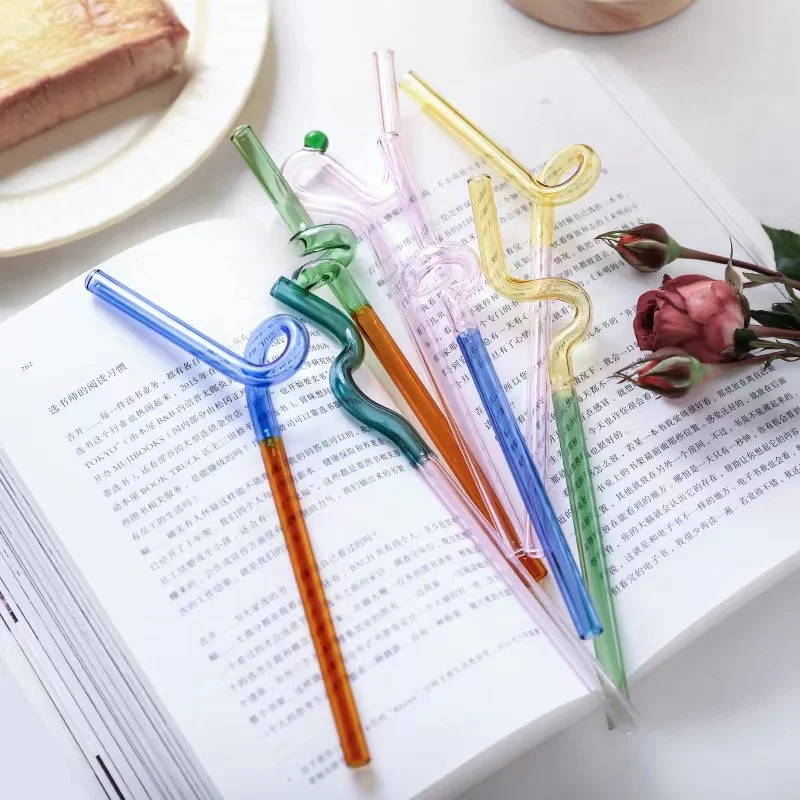 Color Juice Milk Beverage Glass Drinking Straw Curve Glass Straws Color Stirring Rod with Brush Cleaner Reusable Glass Straws