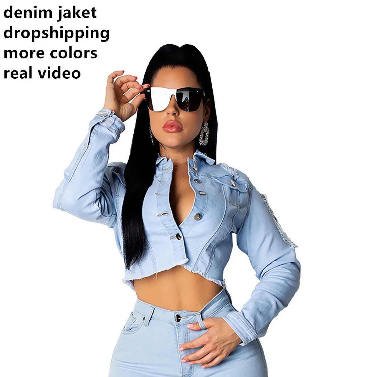 MOQ 1 Fashion Custom new long sleeve chains short jean denim ladies crop denim jacket for women and ladies