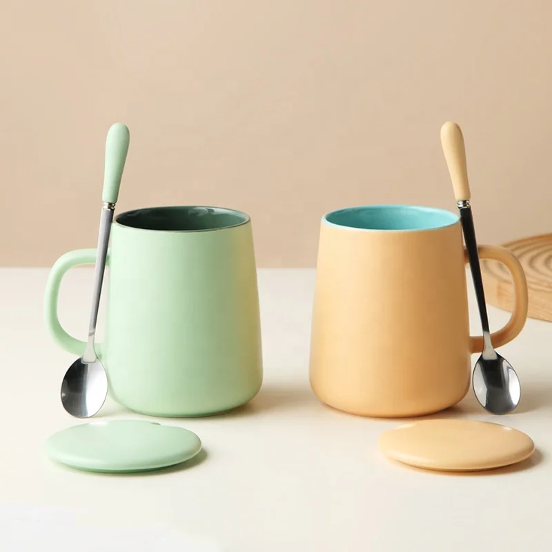 Coffee Ceramic Cup With Lid And Spoon Porcelain Mugs
