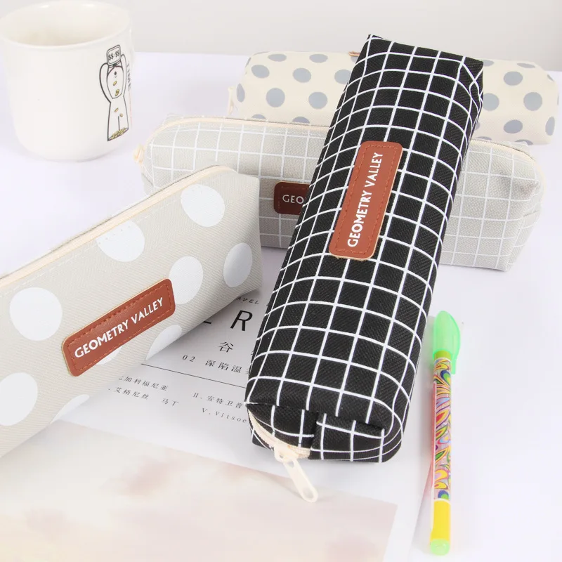 Simple Creative Octagonal Large Pencil Case Plaid Canvas Square Student Stationery Box Advertising Custom Pencil Case